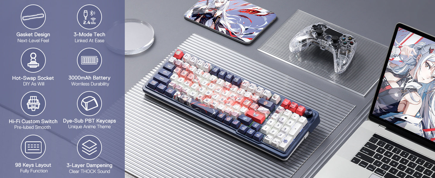 Redragon K686 PRO SE 98 Keys Wireless Gasket RGB Gaming Keyboard, 3-Mode Anime Mechanical Keyboard w/Hot-Swap Socket