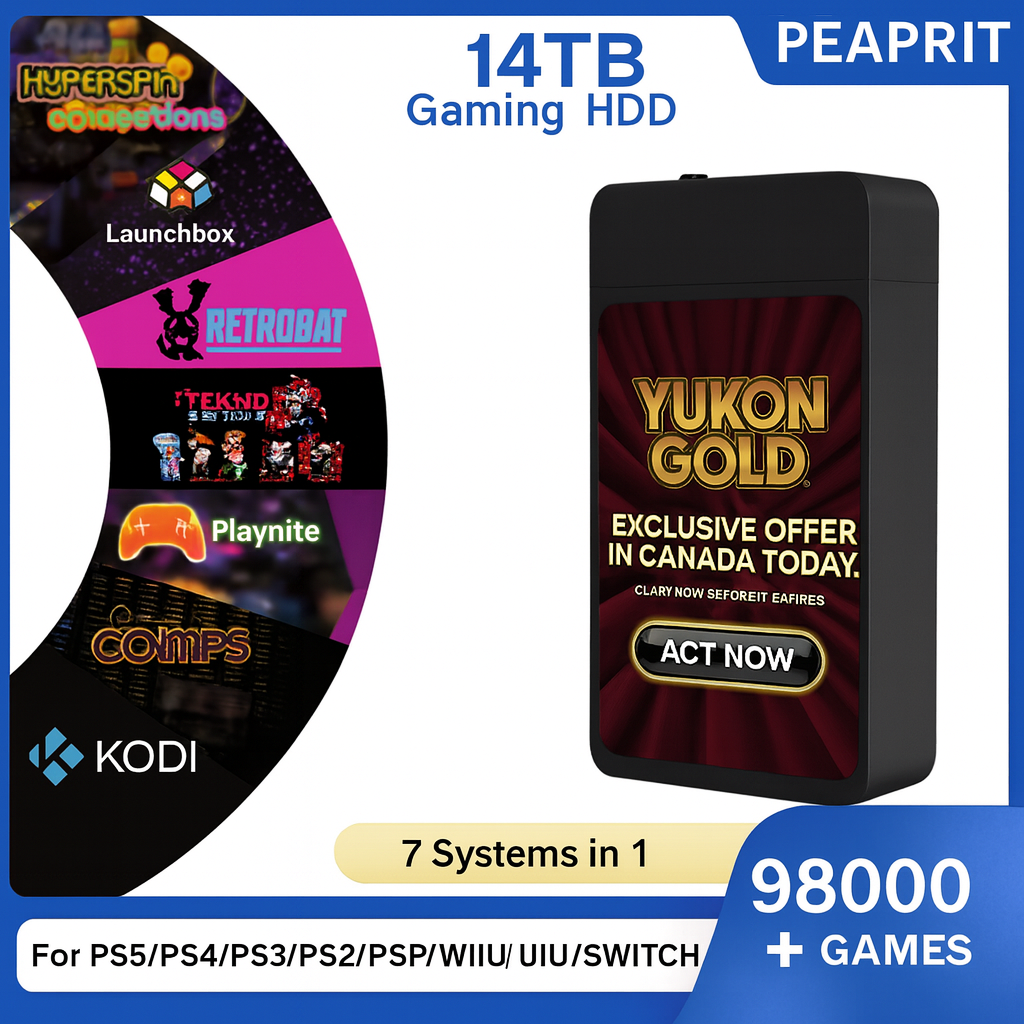 PEAPRIT 14TB Gaming HDD with Hyperspin Launchbox Retrobat Playnite Coinops 98K+ Retro Video Games Console for PS5/PS4/PS3/SWITCH