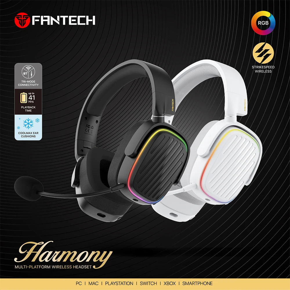 FANTECH Harmony PRO WHG02P 7.1 Surround Sound Gaming Headset Bluetooth 5.3 2.4G Wireless Headphones With Detachable Mic