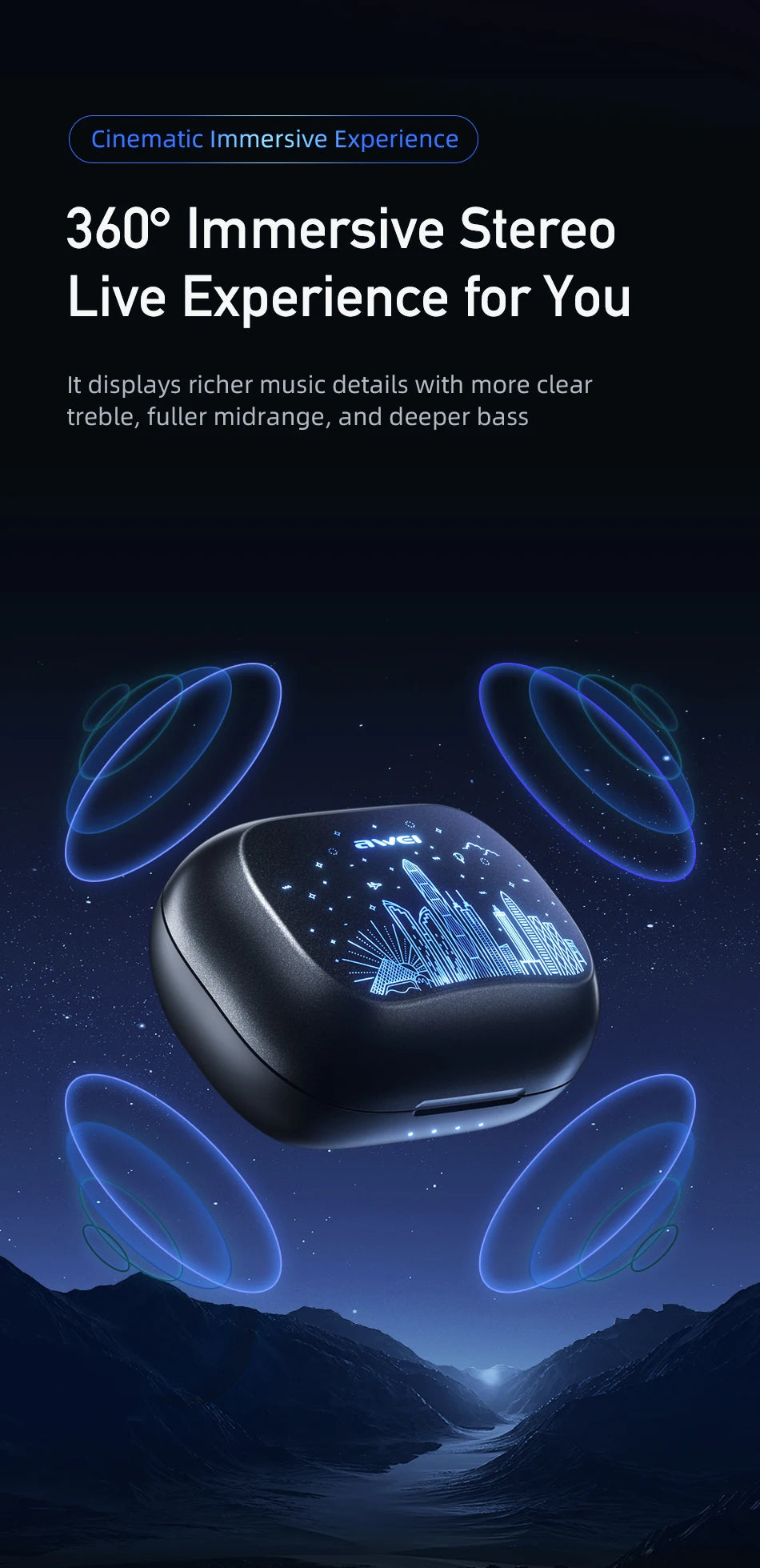 Awei T53 TWS Bluetooth Earbuds Gaming Wireless Headphones Call Noise Reduction Earphones with Shenzhen HongKong RGB Light
