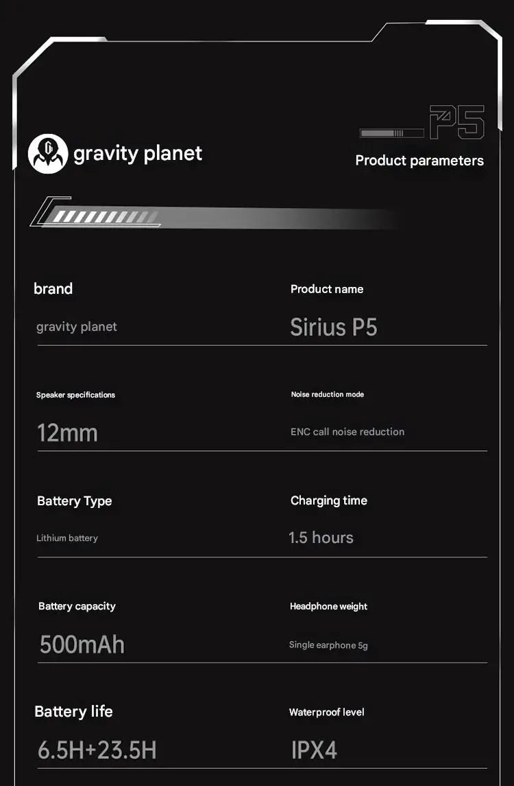 GravaStar P5 Bluetooth headset noise reduction HIFI sound quality long battery life semi-in-ear gaming mecha headset Gift