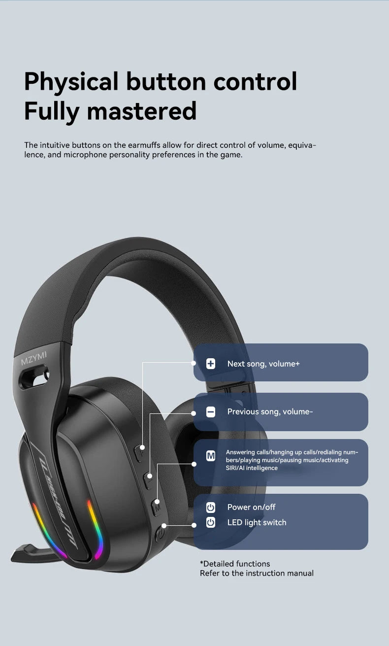 MZYMI Foldable Over Ear Headset B500 RGB Wireless Gaming Earphone Low Latency Outdoor Sport Headphone Built-in Mic For PC