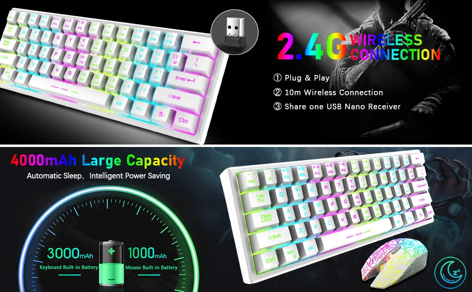 T61 Wireless Gaming Keyboard and Mouse Combo, Ergonomic 61 Key Rainbow LED Backlight Rechargeable 4000mAh Battery Mouse Pad