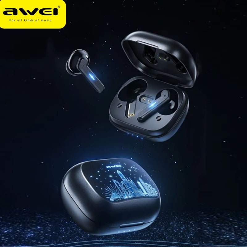 Awei T53 TWS Bluetooth Earbuds Gaming Wireless Headphones Call Noise Reduction Earphones with Shenzhen HongKong RGB Light