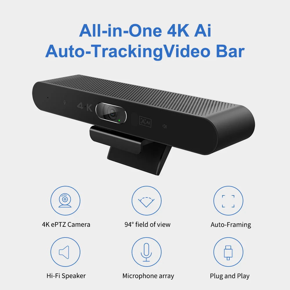 4K Webcam AI Voice Tracking with Mics Camera 4X Digital Zoom 30fps Auto Focus for PC Living Stream Online Meeting Video Camera