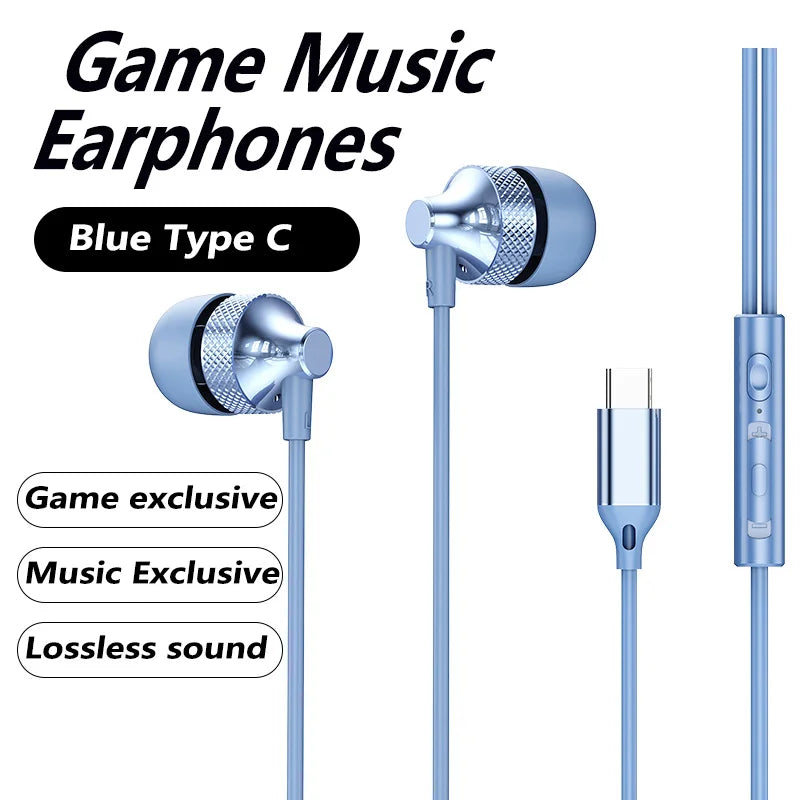 For Samsung Galaxy Gaming Wired Headphones Type C 3.5mm Heavy Bass In-Ear Earphones With Mic Phone Tablet PC HIFI Music Earbuds
