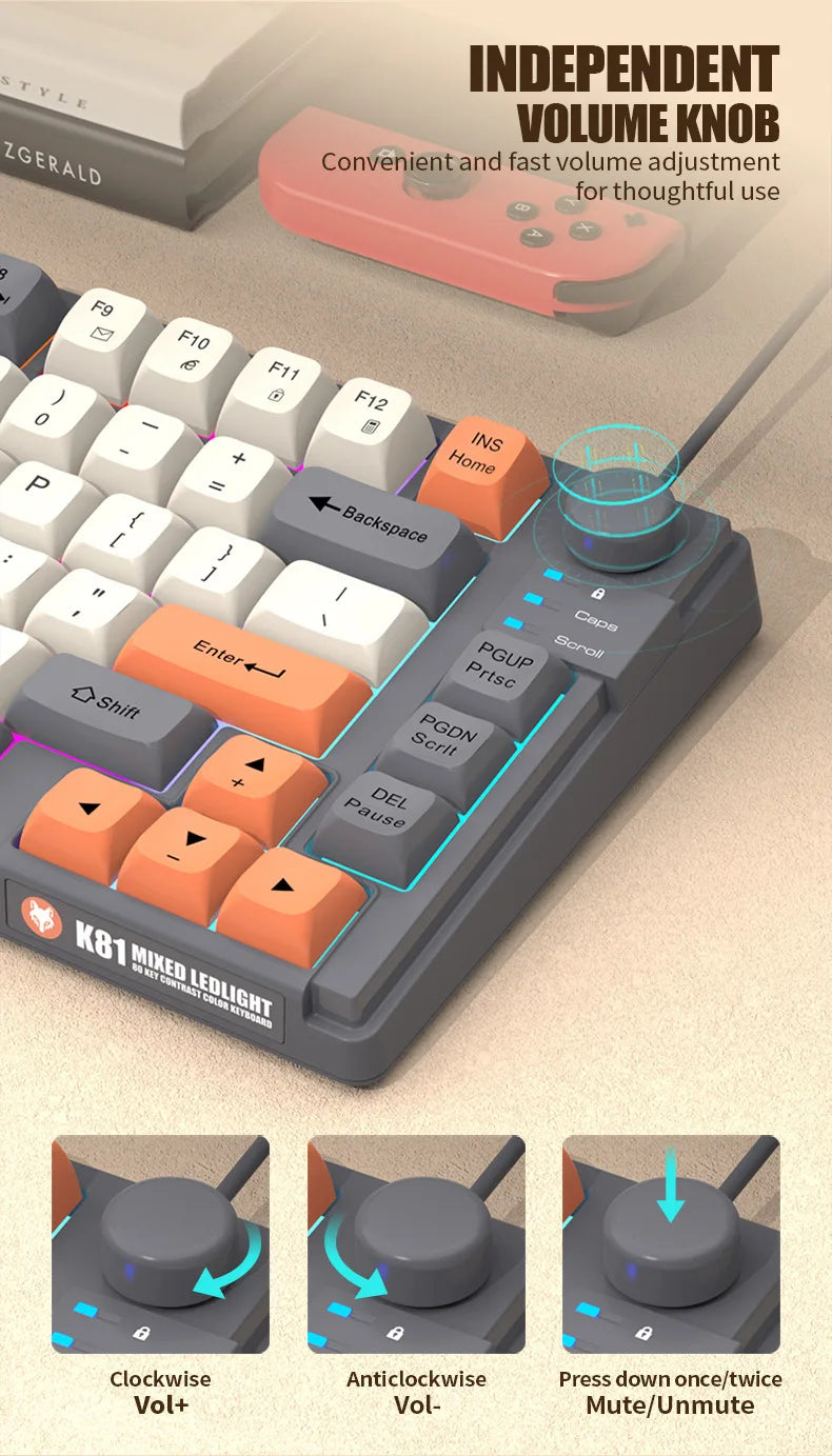 Keyboard K81 Gaming Keyboard 81 Key 80% Layout Spanish Russian Korean Arabic Keyboard USB Wired RGB Light Volume Knob Ergonomics