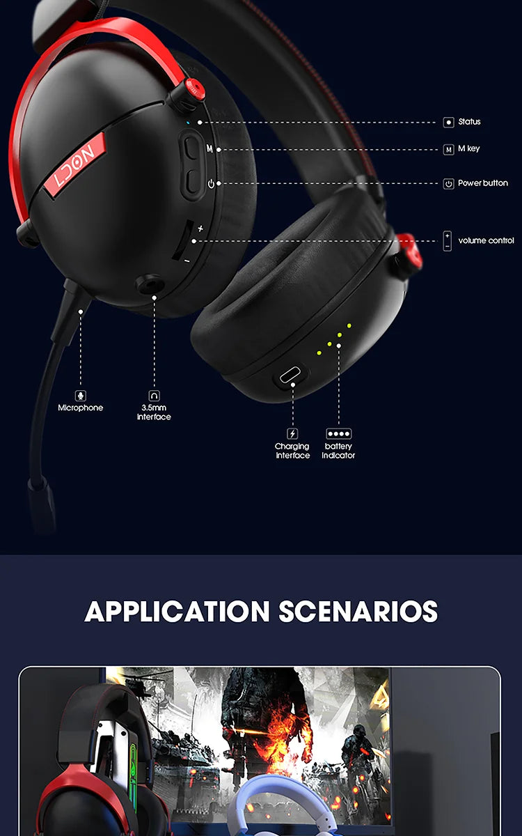 LDON F04 Gaming Wireless Headphone with Mic Over-Ear Headphones Bluetooth 5.3 40mm Driver 2.4G/Wireless Game Headsets