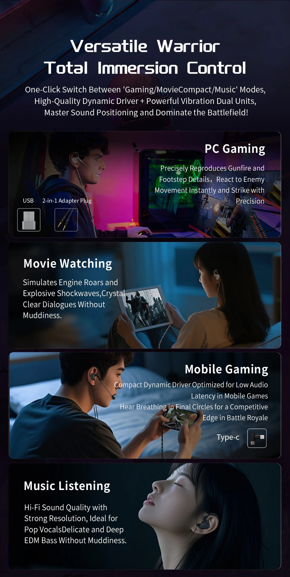 CVJ  Shadow Blade In Ear Earphones 1DD+1 Vibration Switch Adjustable Gaming ports in-ear typec Hifi Headphones konoka Mermaid2