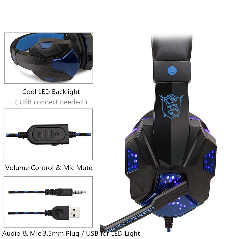 LED Light Wired Gaming Headphones With Microphone Noise-cancelling Gamer Headset for PC Computer Laptop PS4 PS5 Xbox