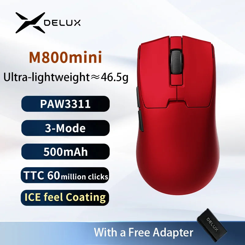 Delux M800mini Wireless Gaming Mouse, 46g Lightweight,PAW3395/PAW3311,1KHz Polling Rate for Small to Medium Hand PC Gamer