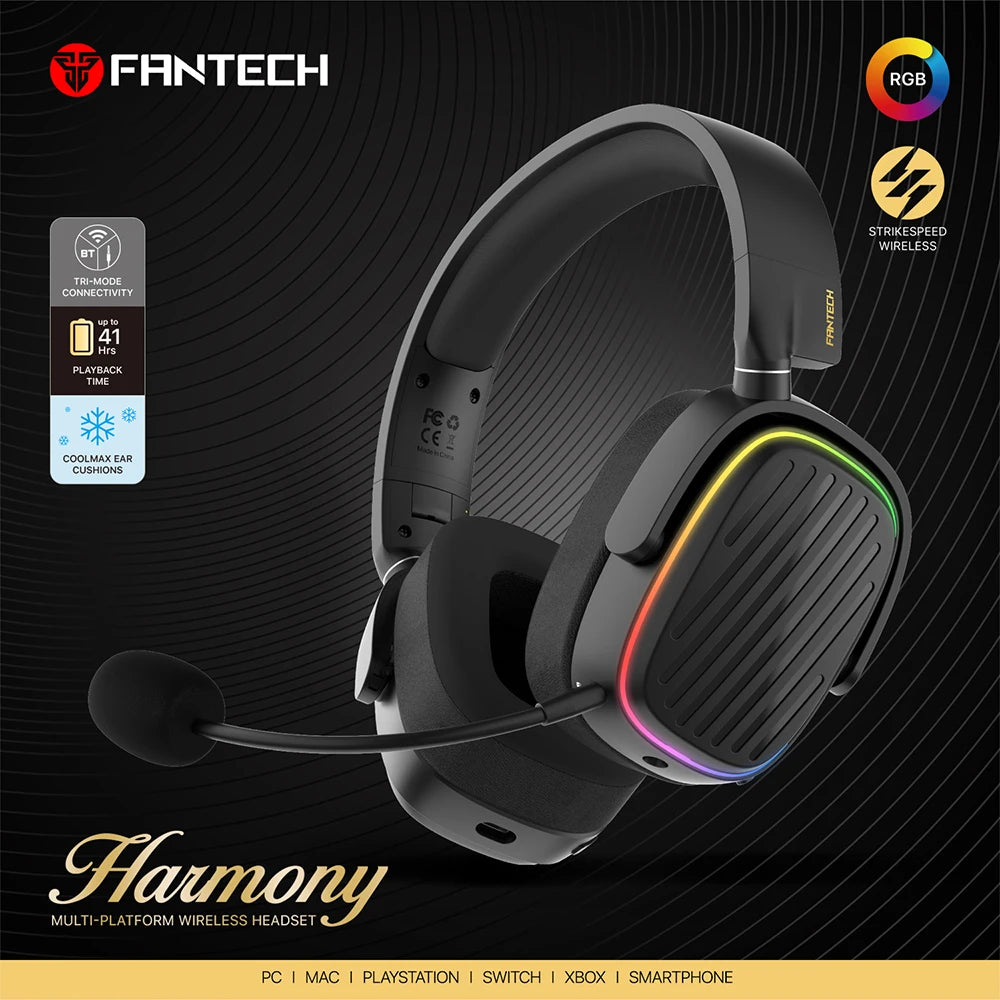 FANTECH Harmony PRO WHG02P 7.1 Surround Sound Gaming Headset Bluetooth 5.3 2.4G Wireless Headphones With Detachable Mic
