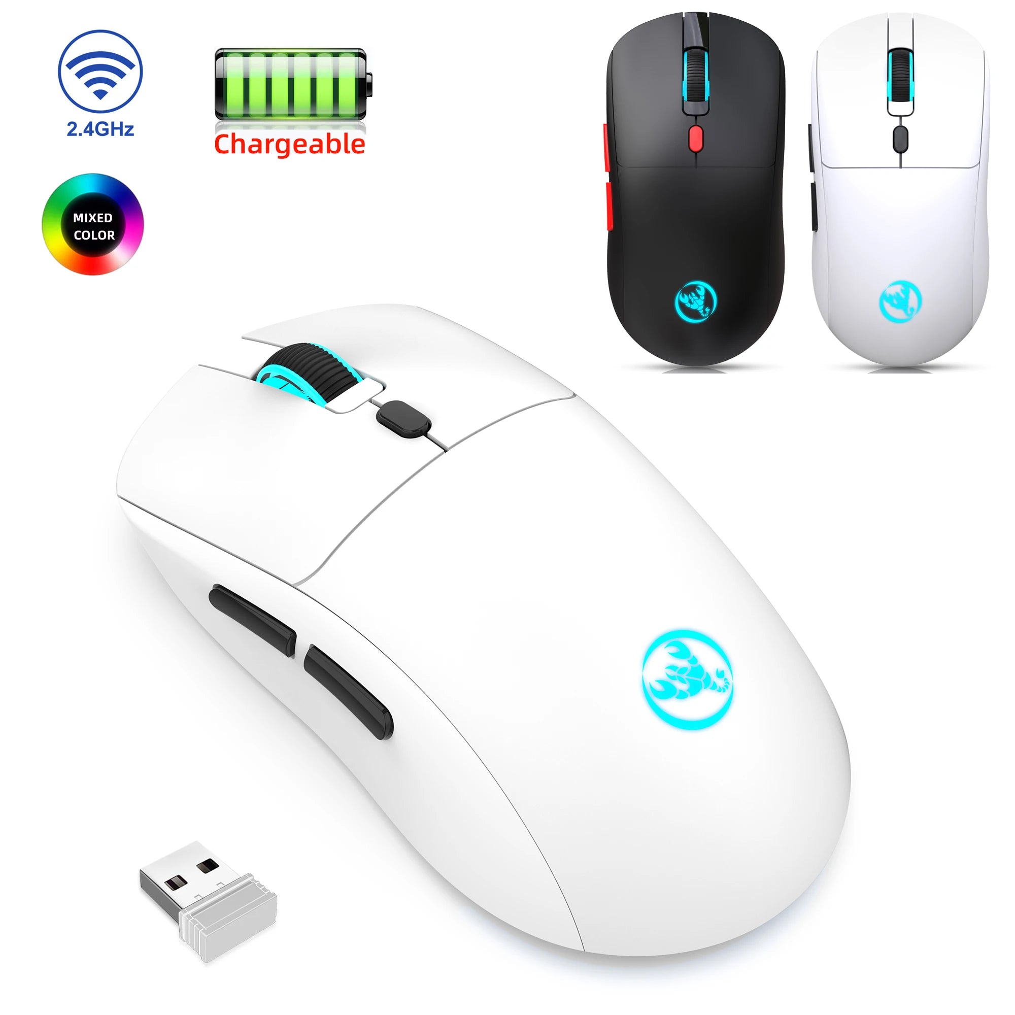 HXSJ 2.4G Wireless Rechargeable Mouse Ergonomic PAW3212 Professional IC, 650mAh Battery, 6-key Optical Gaming mouse for laptop