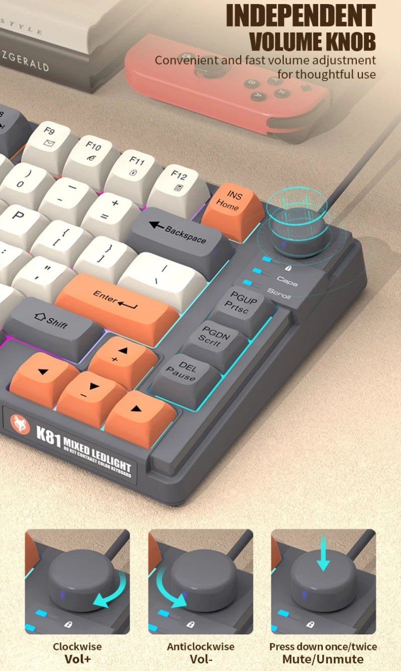 Keyboard K81 Gaming Keyboard 81 Key 80% Layout Spanish Russian Korean Arabic Keyboard USB Wired RGB Light Volume Knob Ergonomics