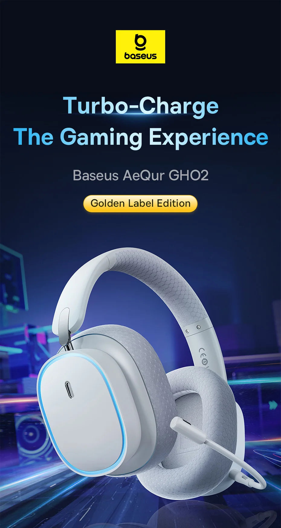 Baseus GH02 Wireless Gaming Headsets with Mic Headphones Bluetooth 5.3 40mm Driver 2.4G/Wireless/Cable RGB Overhead Headphone