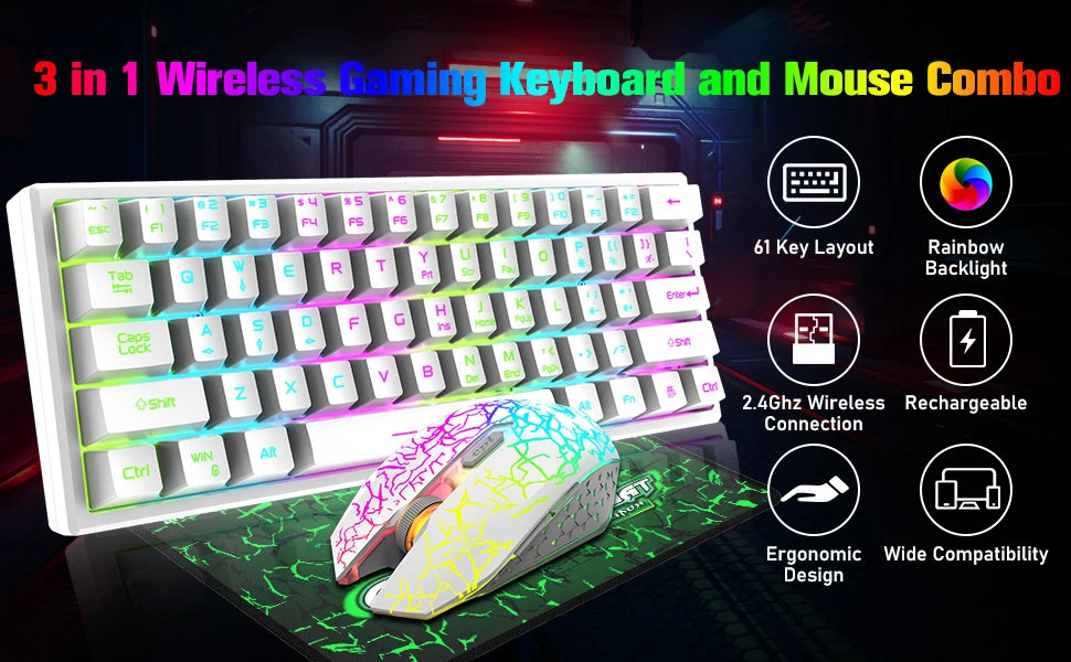 T61 Wireless Gaming Keyboard and Mouse Combo, Ergonomic 61 Key Rainbow LED Backlight Rechargeable 4000mAh Battery Mouse Pad
