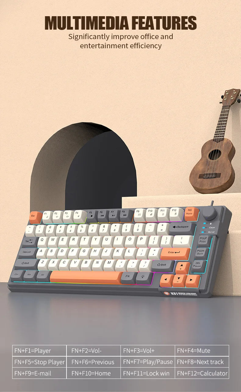 Keyboard K81 Gaming Keyboard 81 Key 80% Layout Spanish Russian Korean Arabic Keyboard USB Wired RGB Light Volume Knob Ergonomics