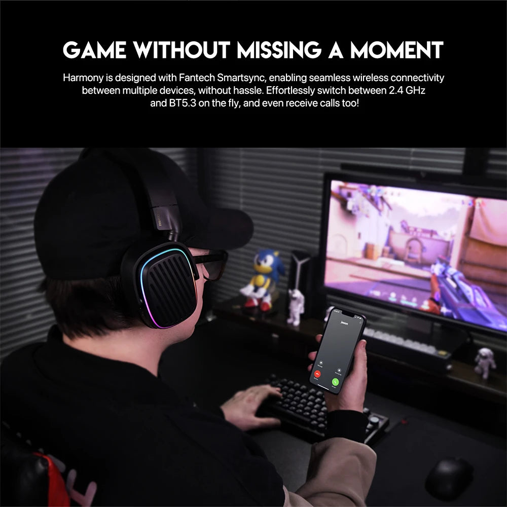 FANTECH Harmony PRO WHG02P 7.1 Surround Sound Gaming Headset Bluetooth 5.3 2.4G Wireless Headphones With Detachable Mic