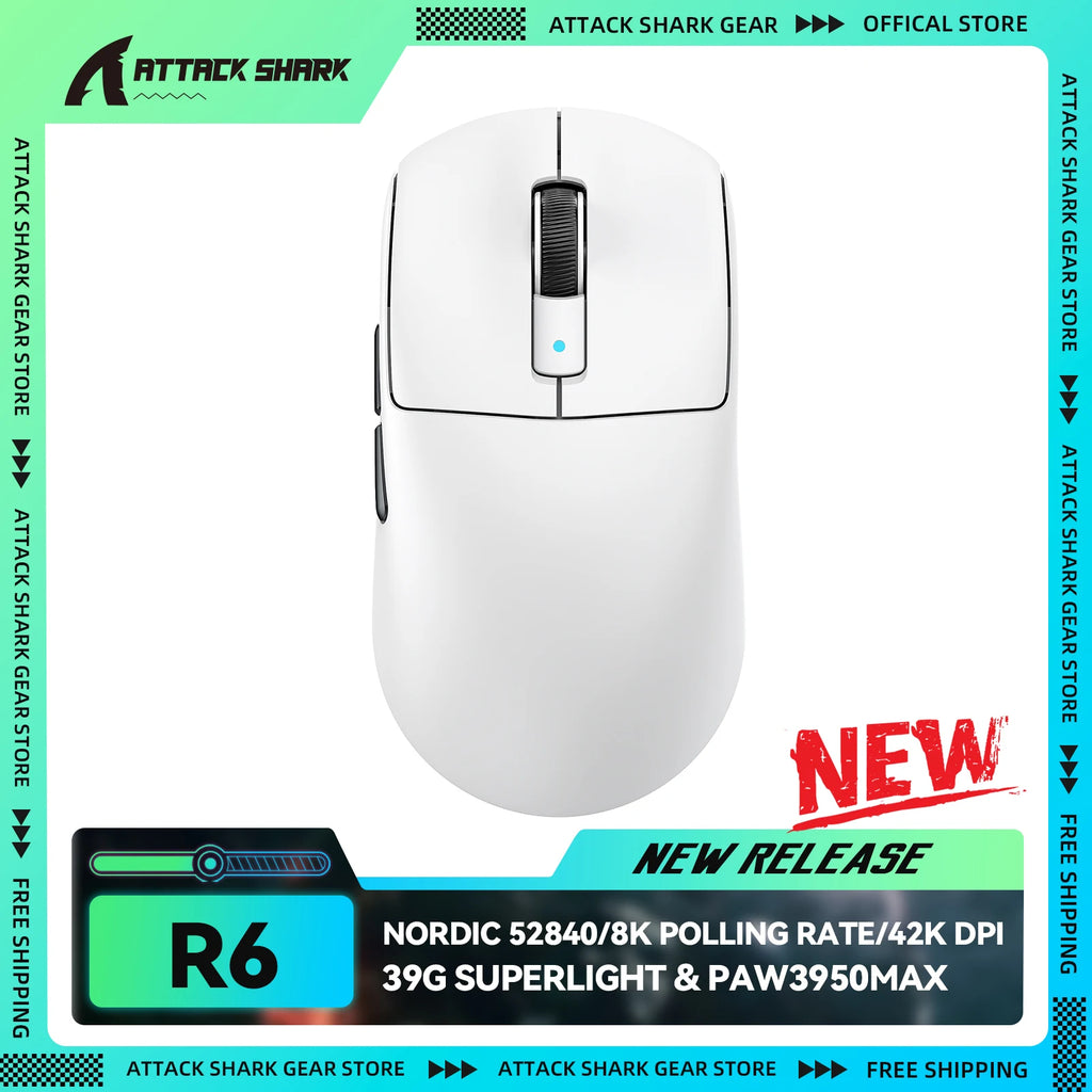 ATTACK SHARK R6 Ultralight 39g Wireless 8K Gaming Mouse, PAW3950MAX Sensor, Nordic 52840, 42K DPI, 2.4G/BT/Wired, for PC/MAC