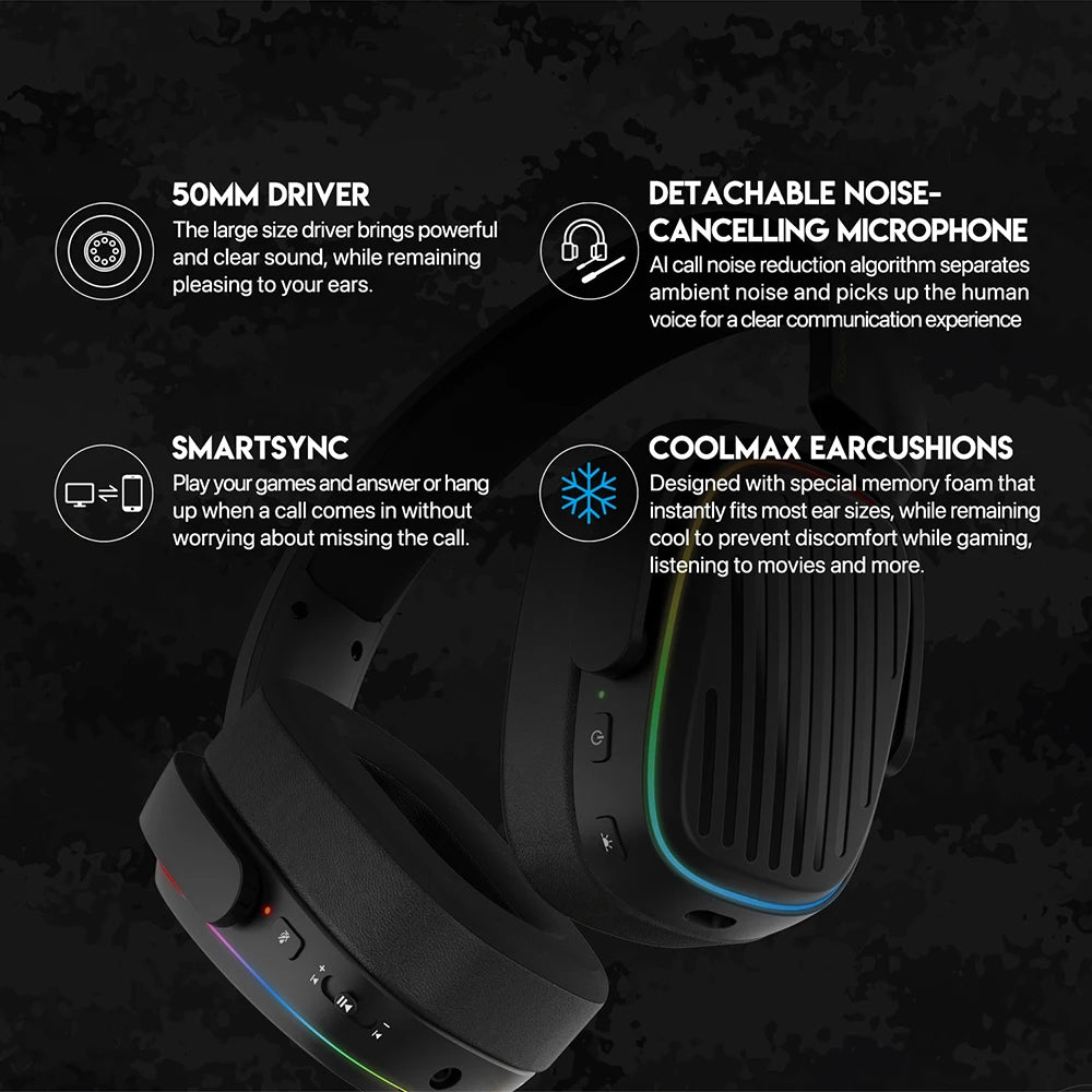 FANTECH Harmony PRO WHG02P 7.1 Surround Sound Gaming Headset Bluetooth 5.3 2.4G Wireless Headphones With Detachable Mic