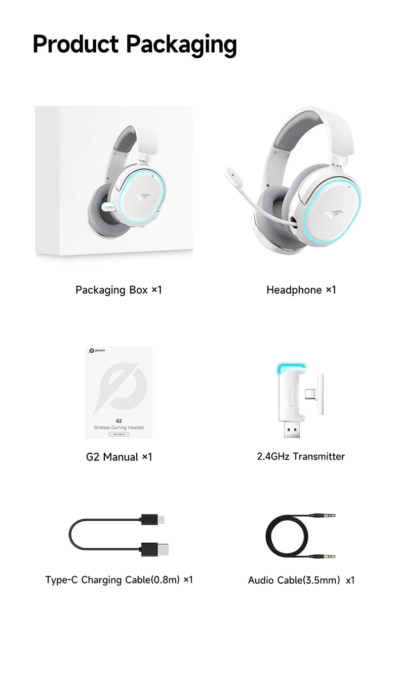 Picun G2 2.4GHz Bluetooth Wireless Gaming Headset For PC PS4 PS5 Phone Switch 5ms Low Latency 7.1 Surround Wired Headset ENC Mic