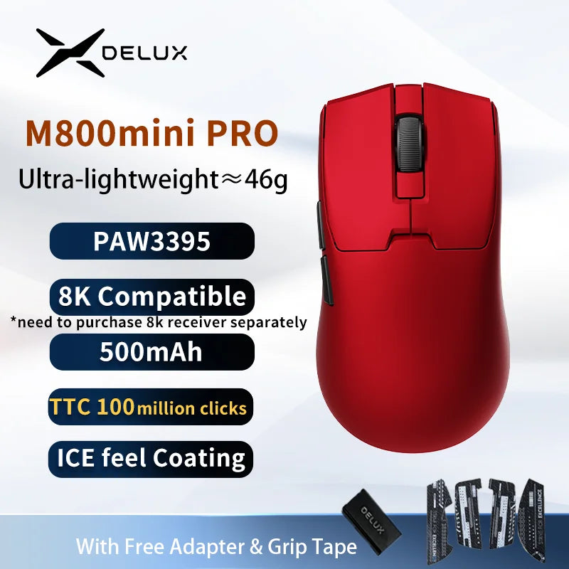 Delux M800mini Wireless Gaming Mouse, 46g Lightweight,PAW3395/PAW3311,1KHz Polling Rate for Small to Medium Hand PC Gamer