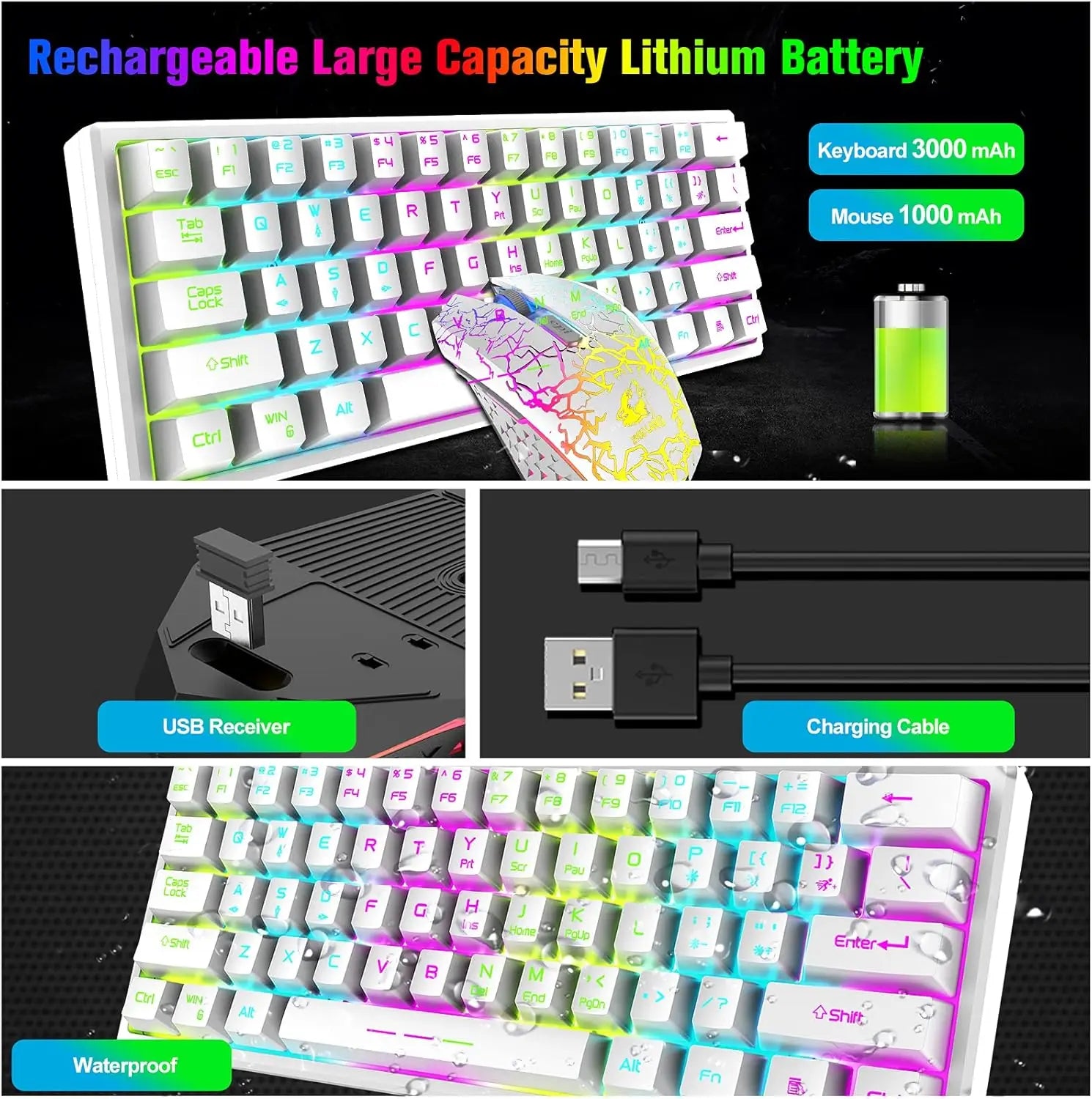 T61 Wireless Gaming Keyboard and Mouse Combo, Ergonomic 61 Key Rainbow LED Backlight Rechargeable 4000mAh Battery Mouse Pad