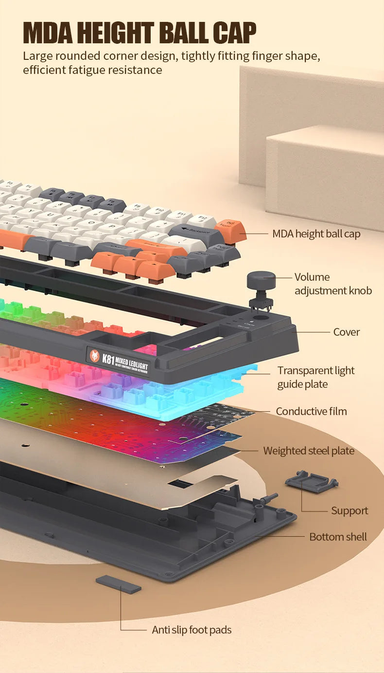 Keyboard K81 Gaming Keyboard 81 Key 80% Layout Spanish Russian Korean Arabic Keyboard USB Wired RGB Light Volume Knob Ergonomics