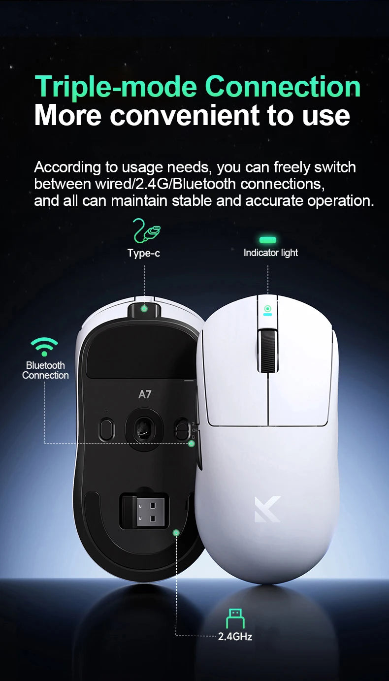 MCHOSE A7 Pro Wireless E-sports Gaming Mouse Bluetooth Rechargeable PAW3395 Lightweight Ergonomic 2.4G Wireless Mouse