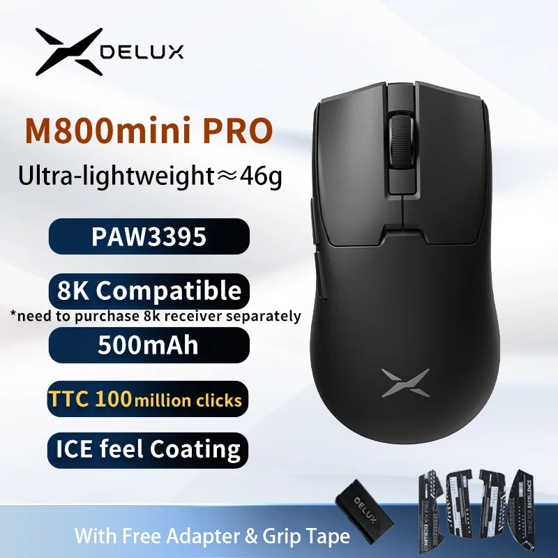 Delux M800mini Wireless Gaming Mouse, 46g Lightweight,PAW3395/PAW3311,1KHz Polling Rate for Small to Medium Hand PC Gamer