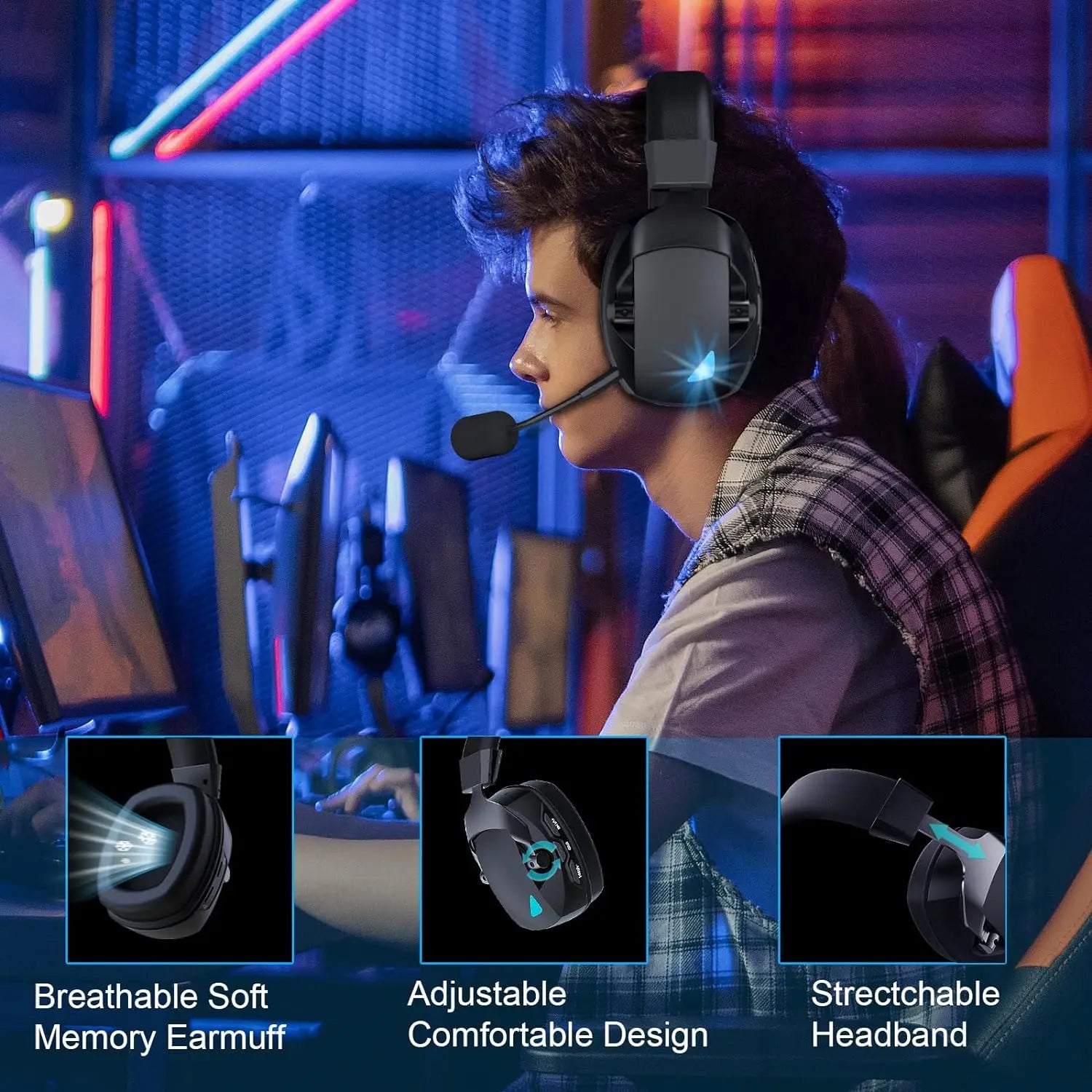 2.4GHz Wireless Gaming Headset for PS5, PS4 Gamers, PC, Nintendo Switch, Bluetooth Gaming Headphones with Noise Canceling Mic