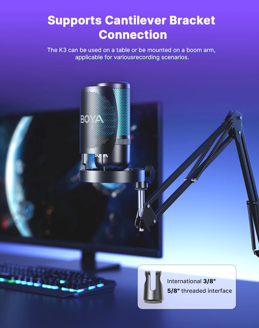 BOYA K3 USB Condenser Microphone with RGB Control/Headphone jack/Mute,MIC for PC Gaming Recording Streaming AmpliGame Podcasting