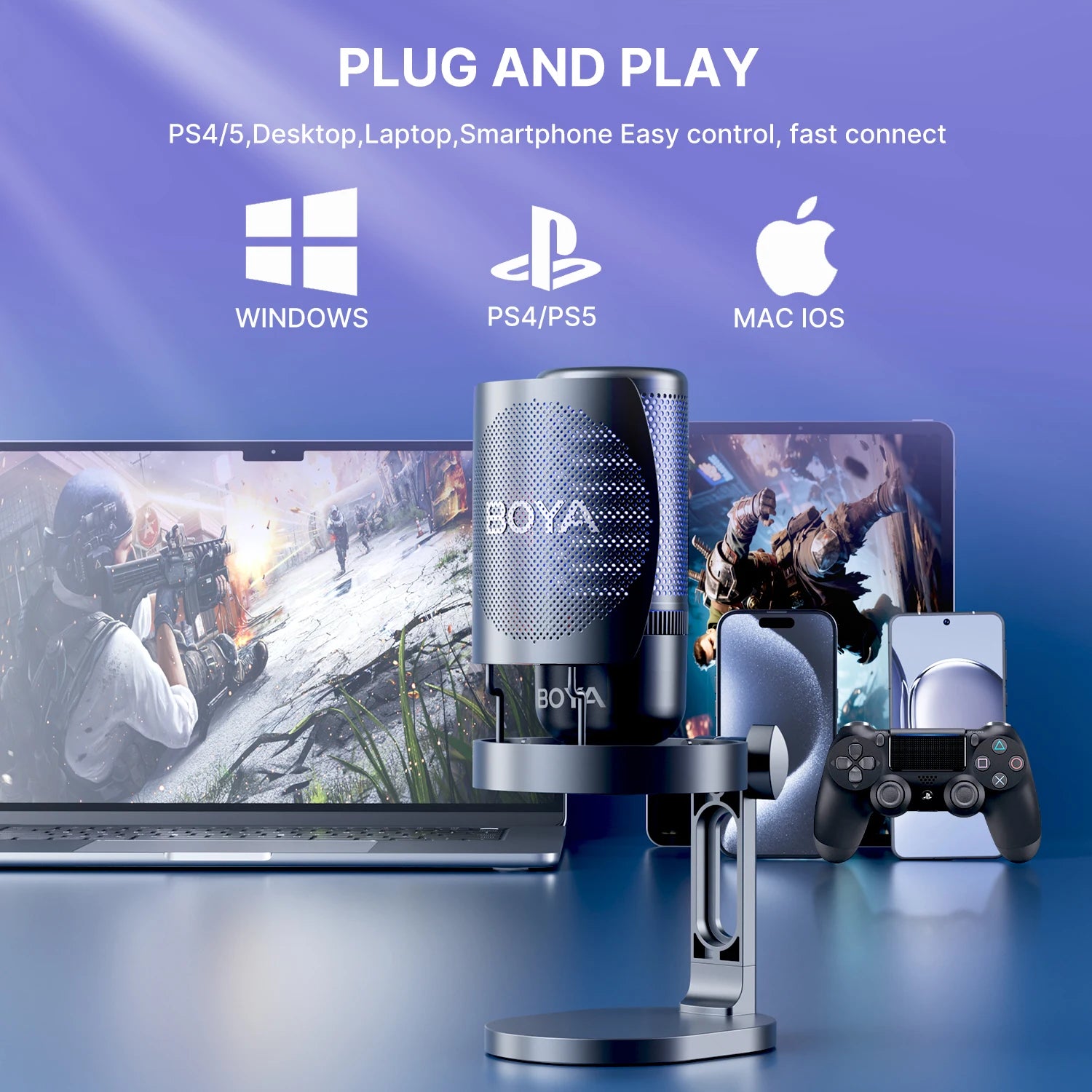 BOYA K3 USB Condenser Microphone with RGB Control/Headphone jack/Mute,MIC for PC Gaming Recording Streaming AmpliGame Podcasting