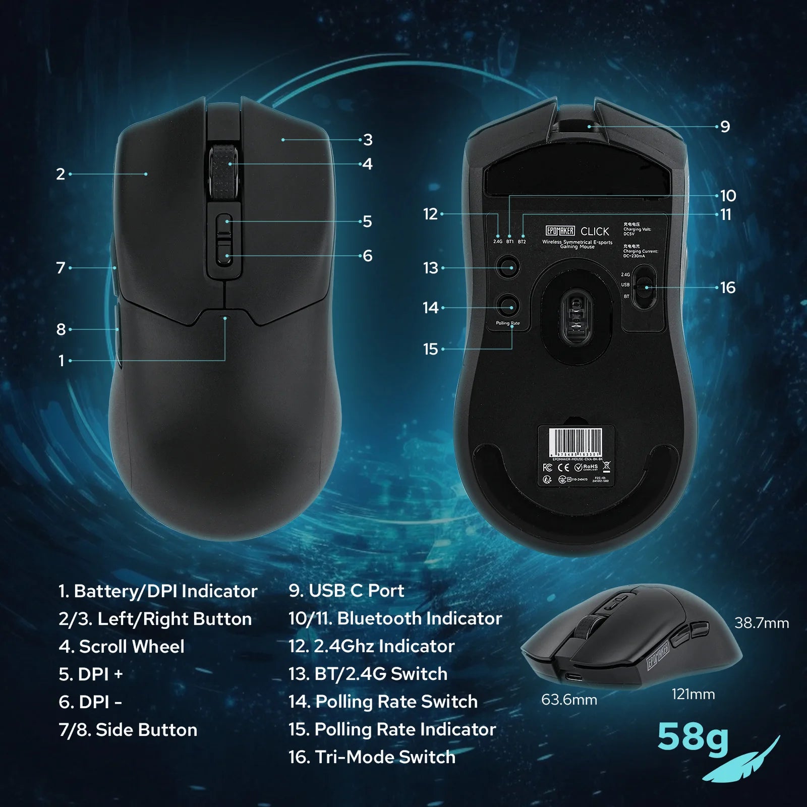 EPOMAKER Click Gaming Mouse Wireless 2.4Ghz/Bluetooth/Type-C 800 to 42000 DPI Adjustable 8K Polling Rate for PC/Mac/Linux
