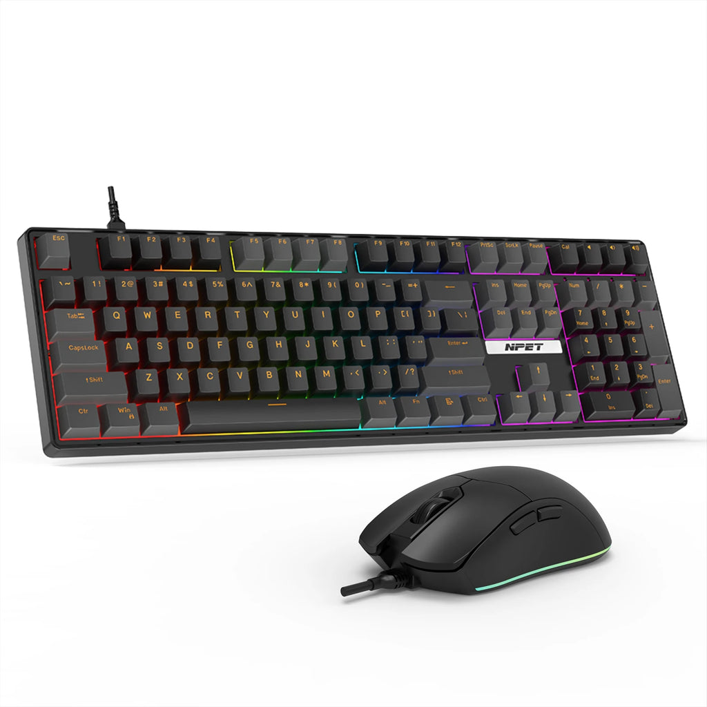 NPET K10V3 Gaming Keyboard, 104 Keys Wired, with RGB Backlit, for Windows Laptop PC black