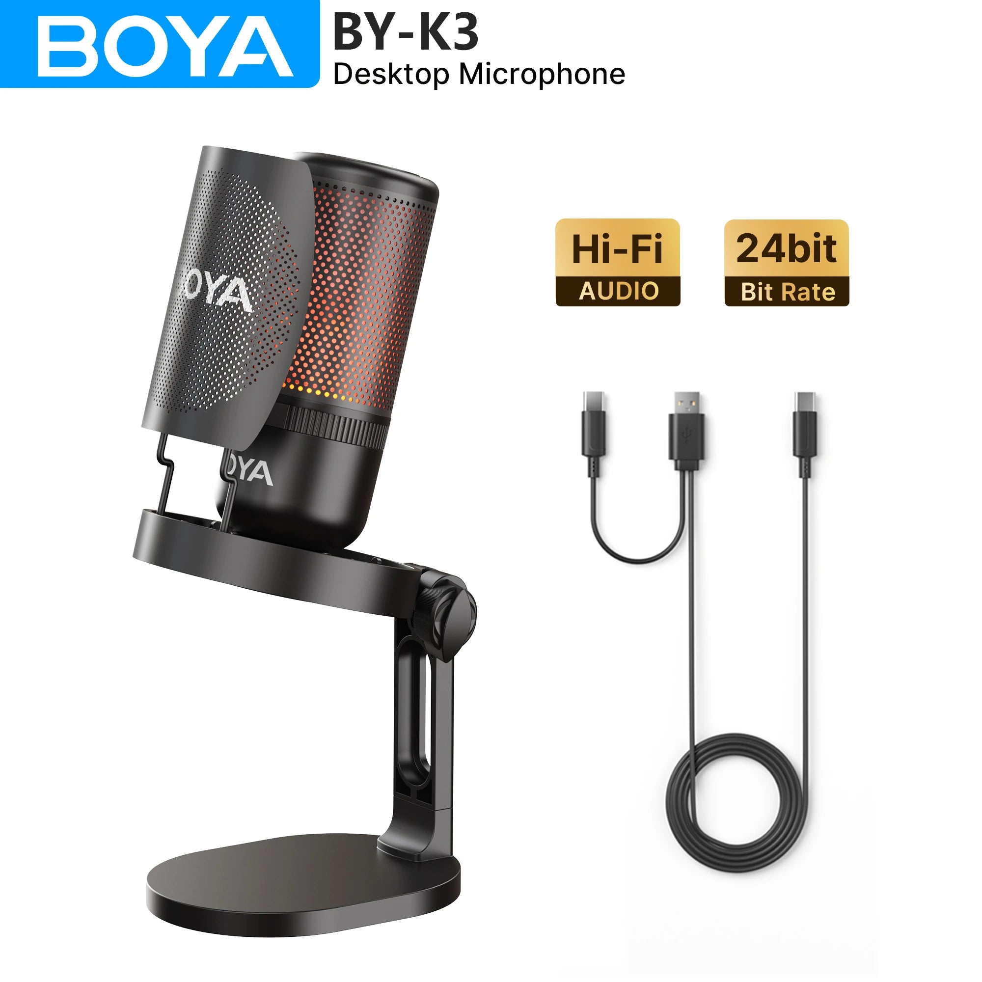 BOYA K3 USB Condenser Microphone with RGB Control/Headphone jack/Mute,MIC for PC Gaming Recording Streaming AmpliGame Podcasting