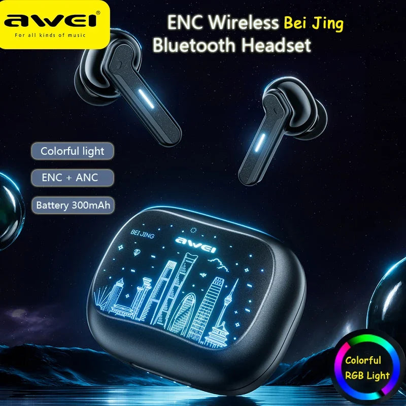 Awei T53 TWS Bluetooth Earbuds Gaming Wireless Headphones Call Noise Reduction Earphones with Shenzhen HongKong RGB Light