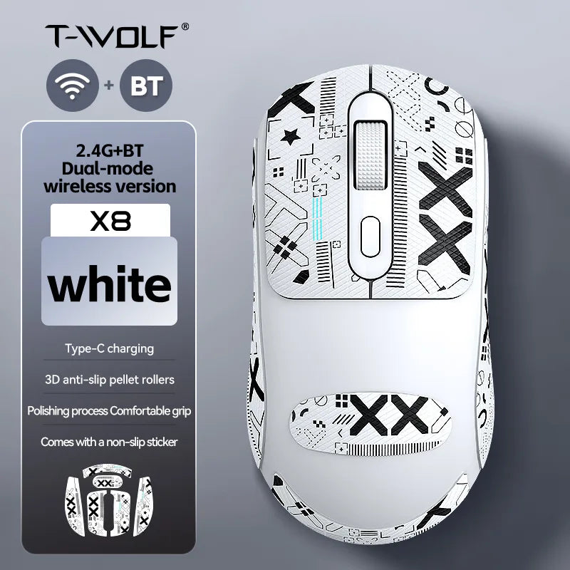 X8 Lightweight Wireless Gaming Mouse with 3 Mode 2.4G USB-C Wired BT 26K DPI PAW3395 Optical Sensor for PC/Laptop/Win/Mac