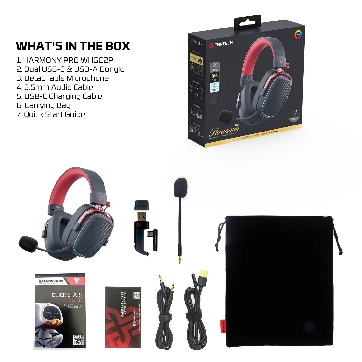 FANTECH Harmony PRO WHG02P 7.1 Surround Sound Gaming Headset Bluetooth 5.3 2.4G Wireless Headphones With Detachable Mic