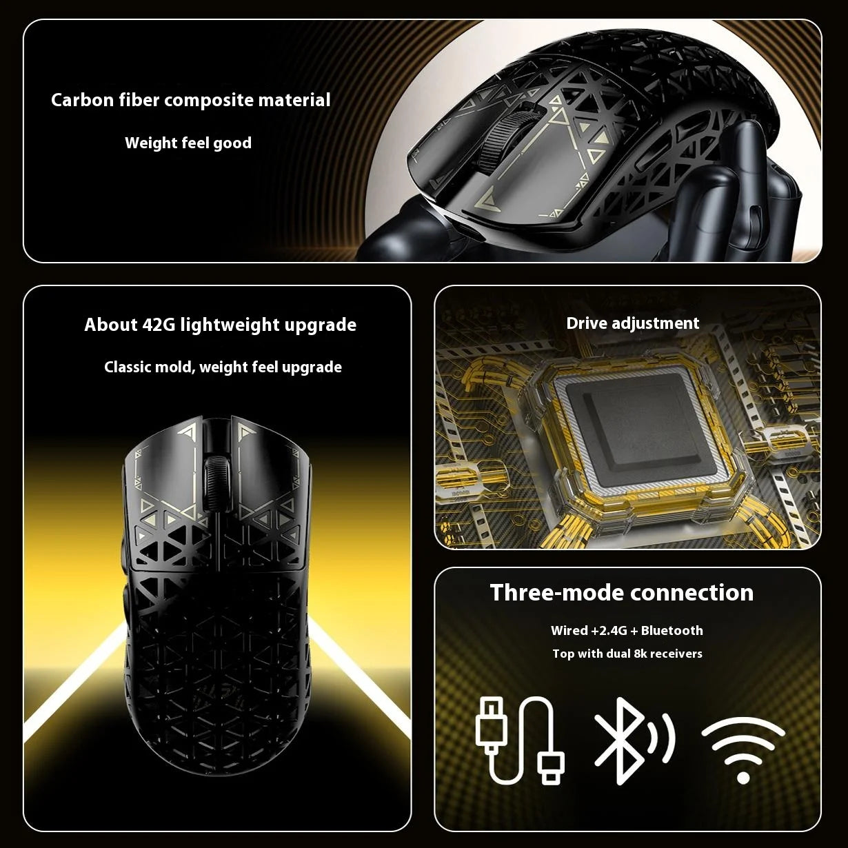 IPI Float Mouse Tri Mode Wireless Mouse PAW3395 8000Hz Polling Rate Custom Hollow Out Carbon Fibre Gaming Mice PC Accessories