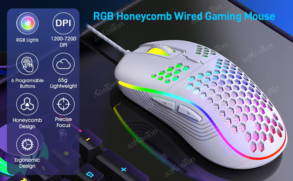 RGB Wired Gaming Mouse Ergonomic Design Mouses 6Levels Adjustable 7200DPI with Backlight for Office Computer PC Gamer