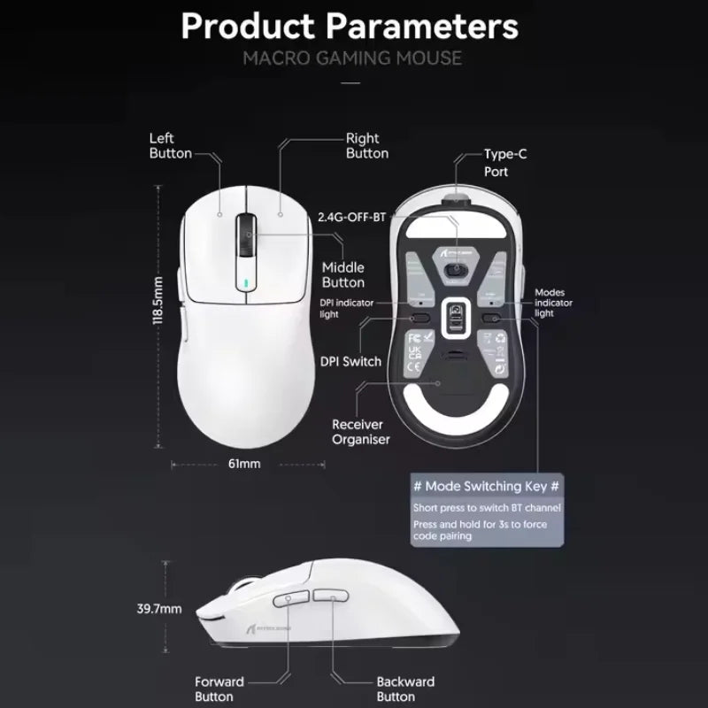 X8 Lightweight Wireless Gaming Mouse with 3 Mode 2.4G USB-C Wired BT 26K DPI PAW3395 Optical Sensor for PC/Laptop/Win/Mac