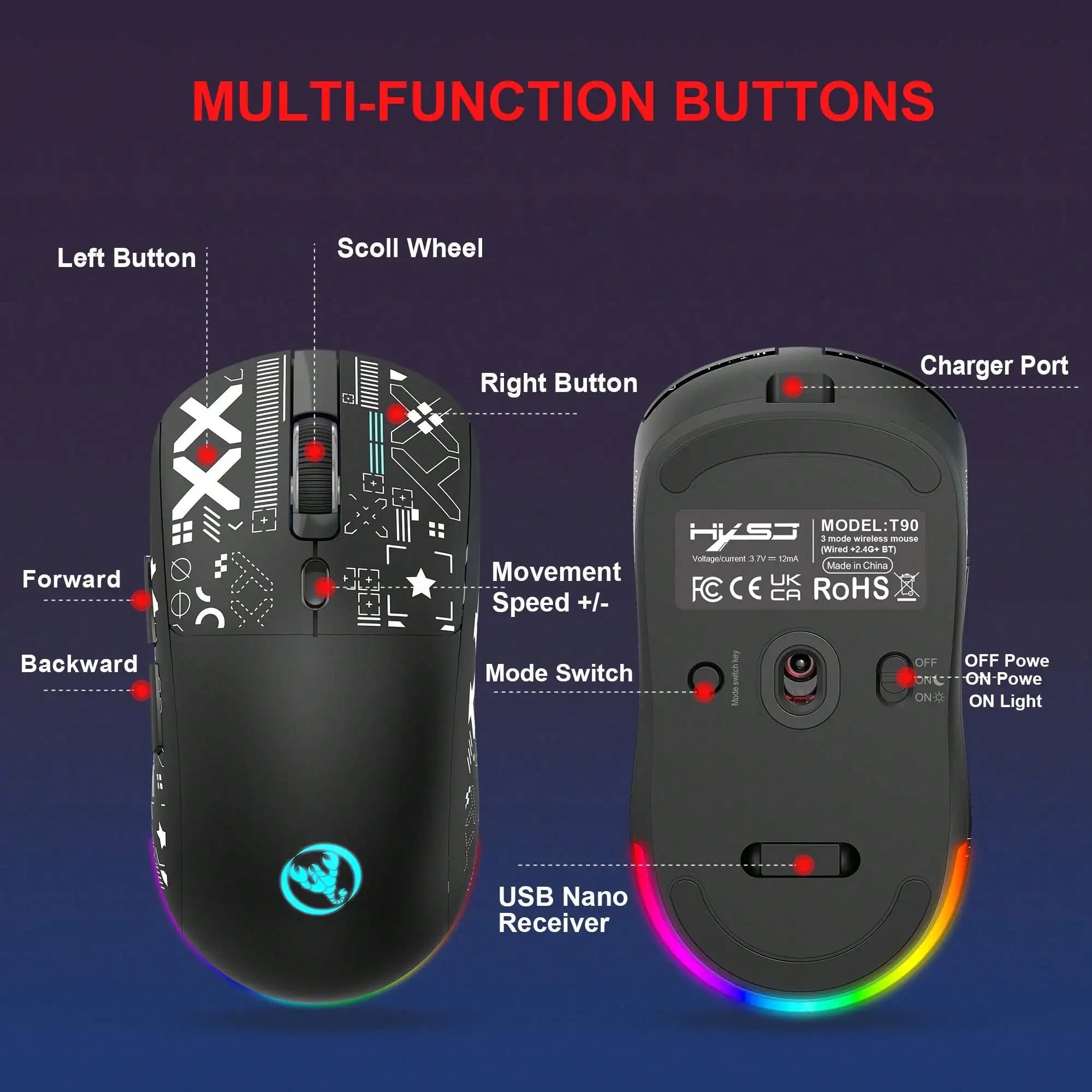 HXSJ T90 RGB Backlit Gaming Mouse Wired 2.4G Bluetooth Wireless New Model 650mAh Battery 500 Million Clicks up to 4000 DPI