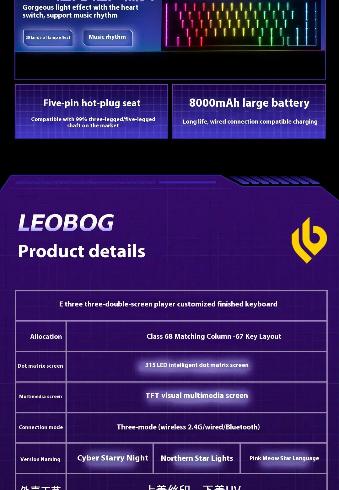LEOBOG AMG65 Mechanical Keyboard With TFT LED Screen 3mode RGB Hot Swap Gaming Keyboard Custom Computer Gamer Accessories Gifts