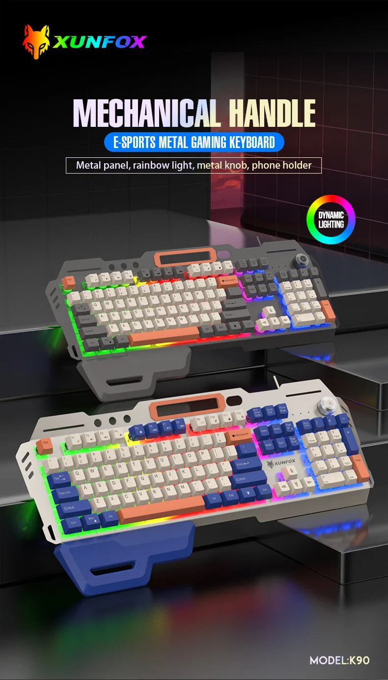 Gaming Keyboard 100% Layout Mechanical Feel 104 Key Spanish Russian Korean Arabic Keyboard Gamer Wired RGB Volume Knob Mouse K90