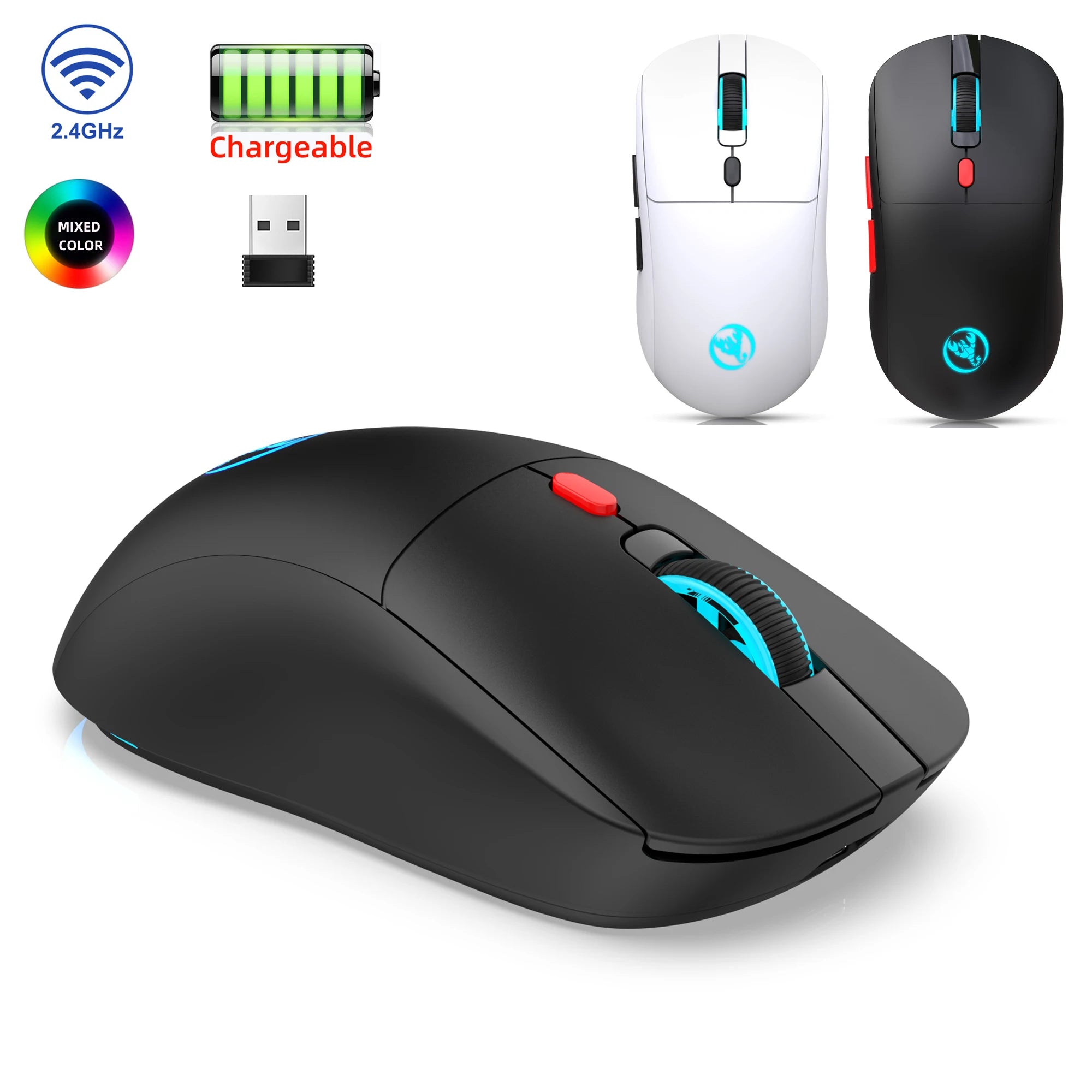 HXSJ 2.4G Wireless Rechargeable Mouse Ergonomic PAW3212 Professional IC, 650mAh Battery, 6-key Optical Gaming mouse for laptop