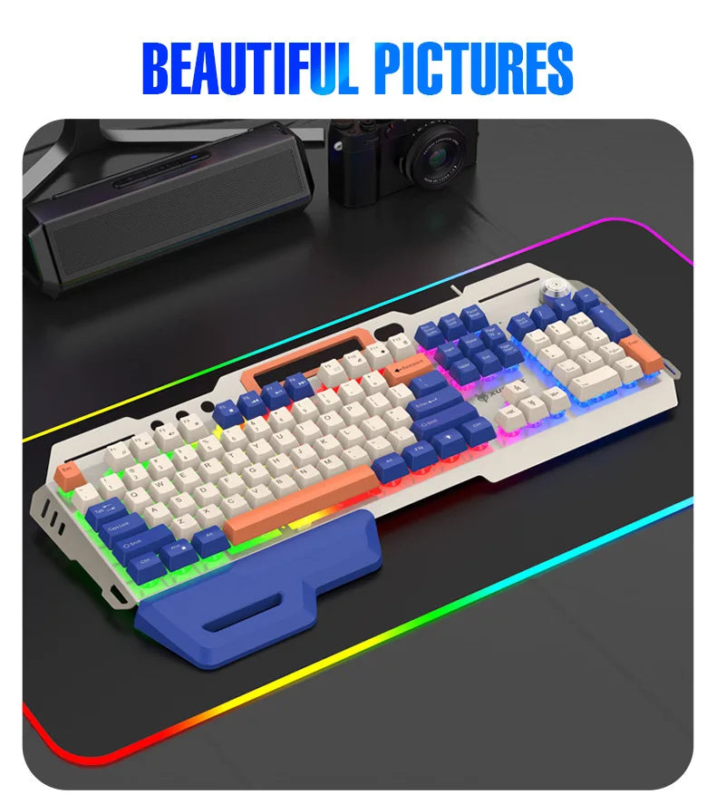 Gaming Keyboard 100% Layout Mechanical Feel 104 Key Spanish Russian Korean Arabic Keyboard Gamer Wired RGB Volume Knob Mouse K90