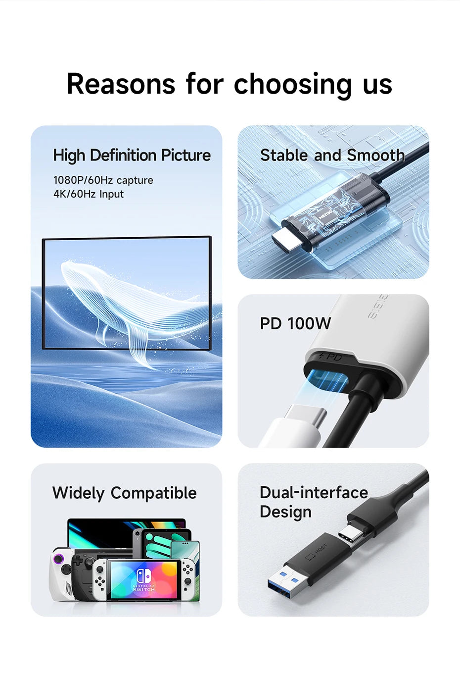 Hagibis USB 3.0 Video Capture Card HDMI to USB-A/Type-C Capture Cable PD 100W for Quest 3 Switch Gaming Live Streaming Recorder