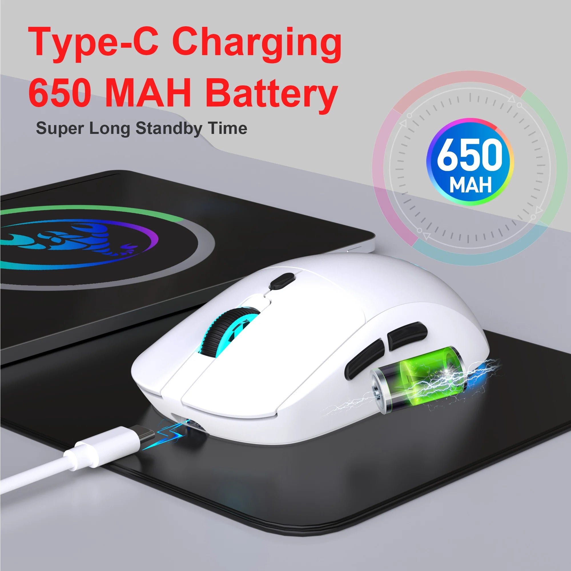 HXSJ 2.4G Wireless Rechargeable Mouse Ergonomic PAW3212 Professional IC, 650mAh Battery, 6-key Optical Gaming mouse for laptop