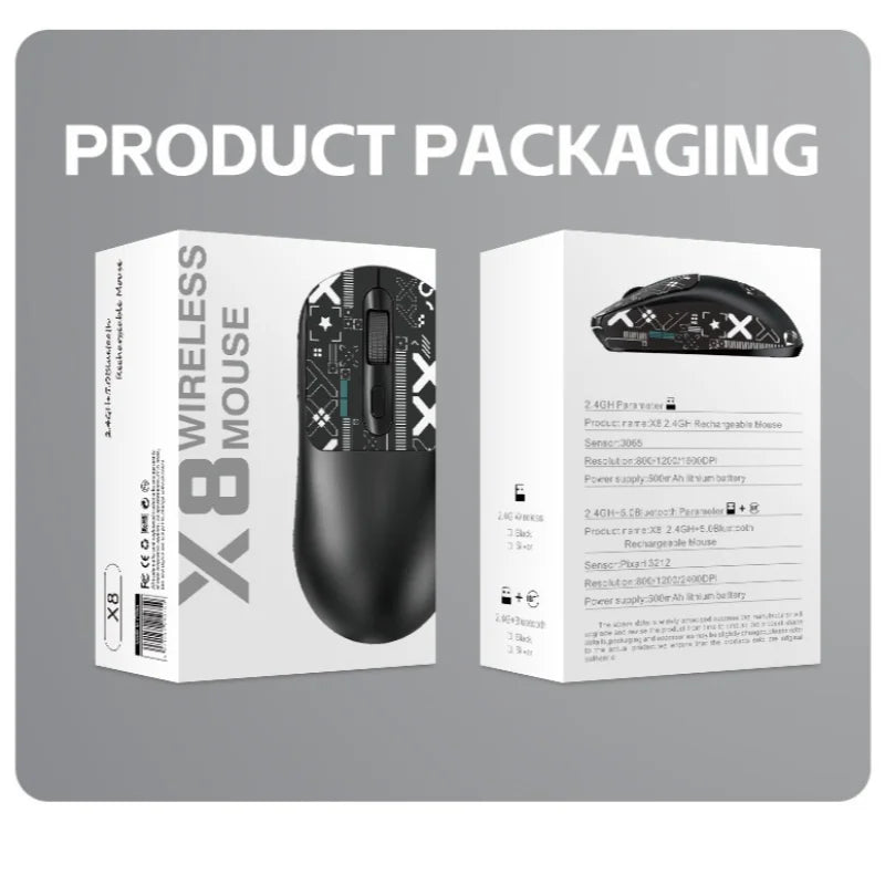 X8 Lightweight Wireless Gaming Mouse with 3 Mode 2.4G USB-C Wired BT 26K DPI PAW3395 Optical Sensor for PC/Laptop/Win/Mac